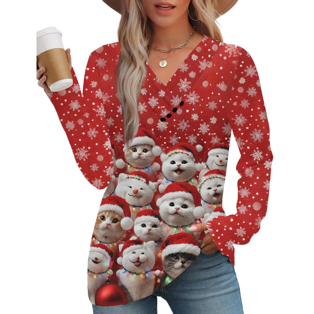 Women's Fashion Casual V-neck Pleated Christmas Long Sleeve Top
