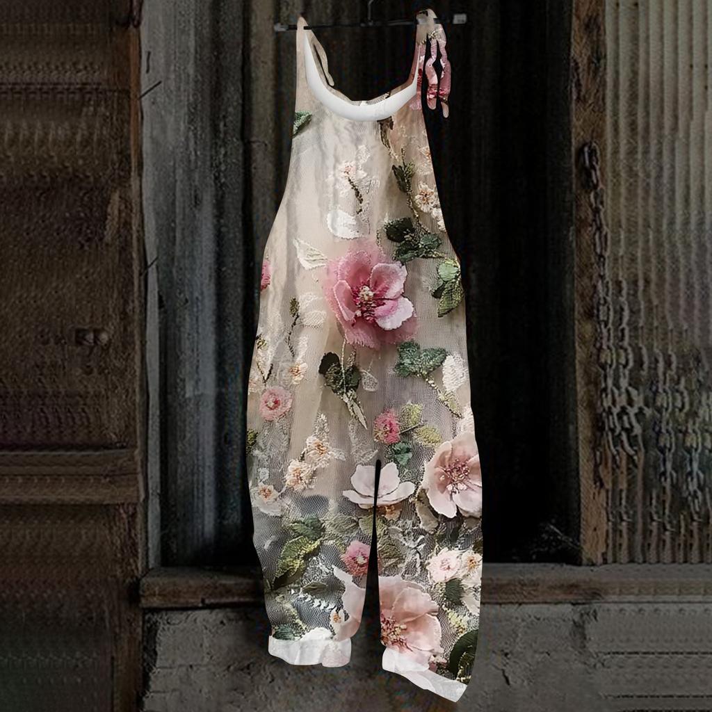 Women's Jumpsuit Christmas Print  Casual Loose Vintage Shoulder Strap Cotton Linen