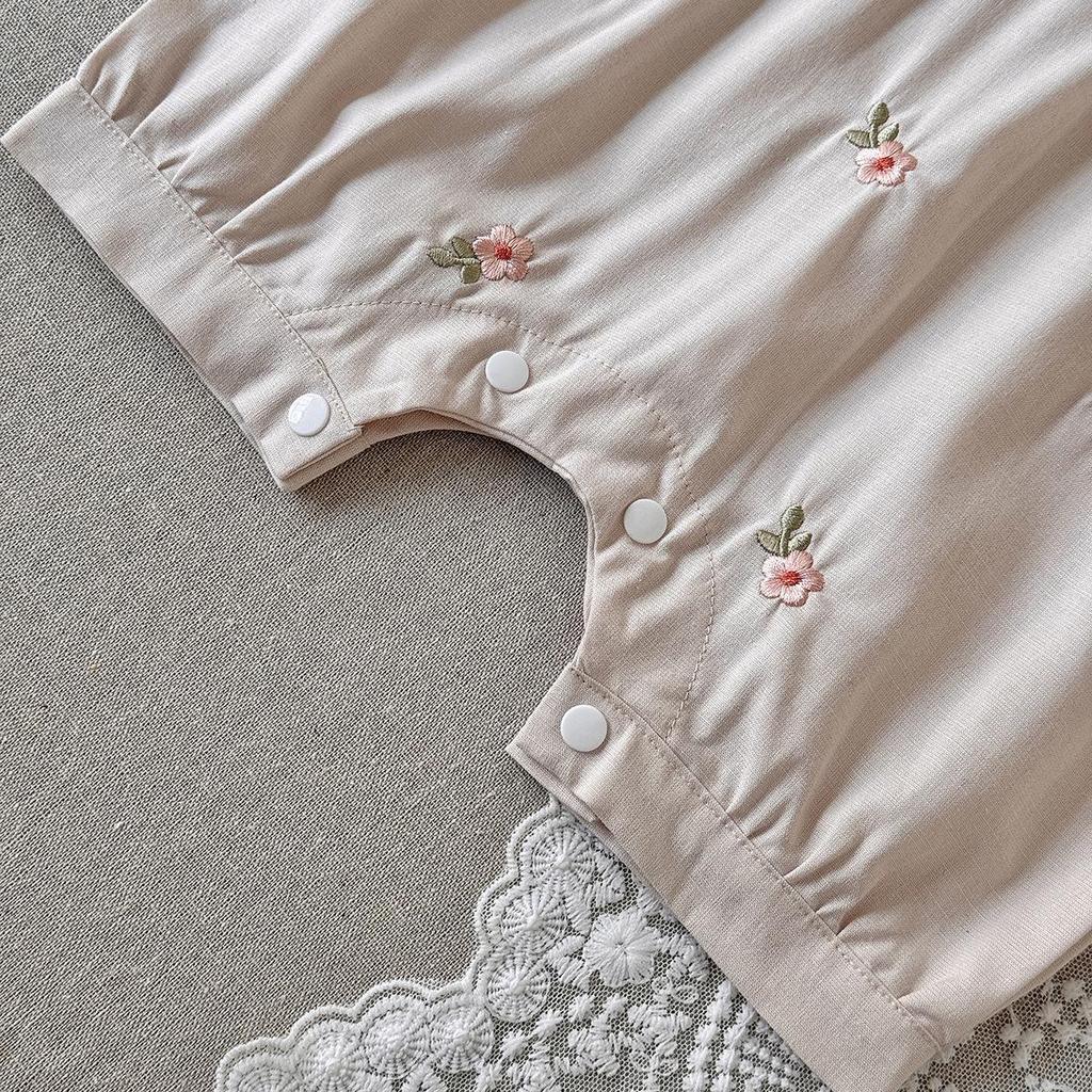 Floral Print Khaki Newborn Romper with Doll Collar - Summer Outdoor Jumpsuit