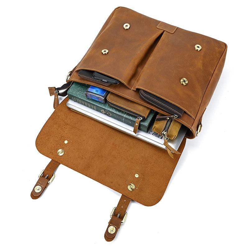 Men'S Crazy Horse Leather Handbag Flip Briefcase One Shoulder Crossbody Bag First Layer Cowhide Computer Bag Commuter