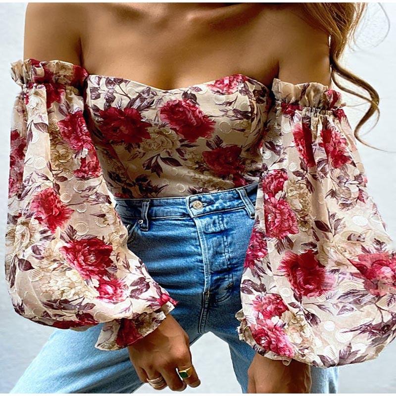 Sexy Ladies Off-shoulder Tube Top Print Chiffon Shirts Casual Spring Summer Lantern Sleeves Pullover Elegant Office Slim Blouses