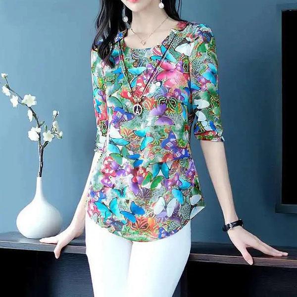 M-5XL Women's Spring and Summer Large Size Printing Tops Female Autumn Loose Casual Half Sleeve Blouses
