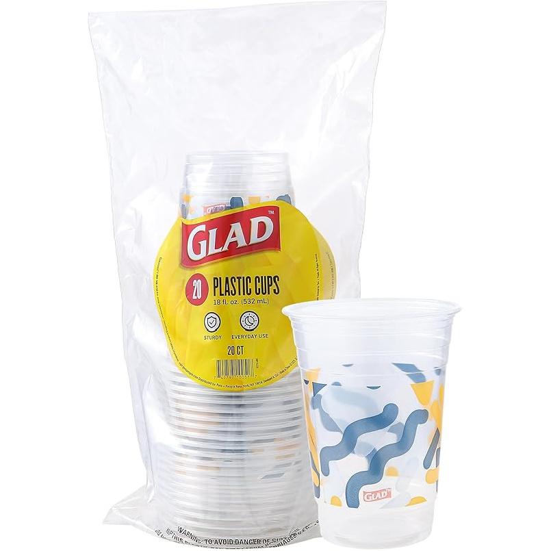 Glad Everyday Clear Plastic Cups with Abstract Print - Strong and Sturdy Cup for All Occasions, Holds 18 Ounces - 18 Ounce, 20 Count 20 Count (Pack of 1)