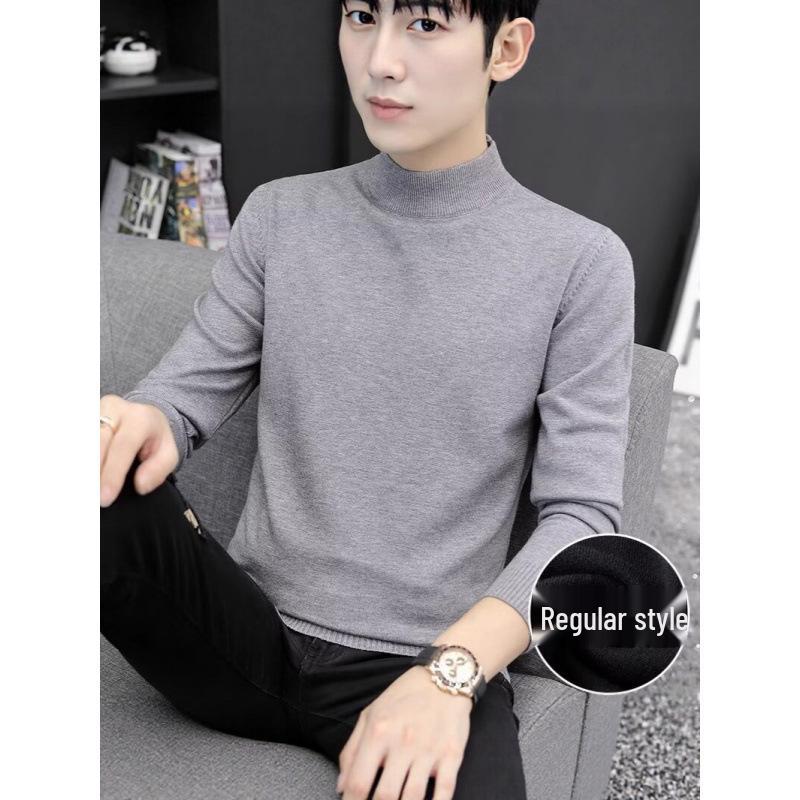 Men's Thick Knit Wool Sweater - Half-High Neck, Warm Base Layer for Autumn & Winter