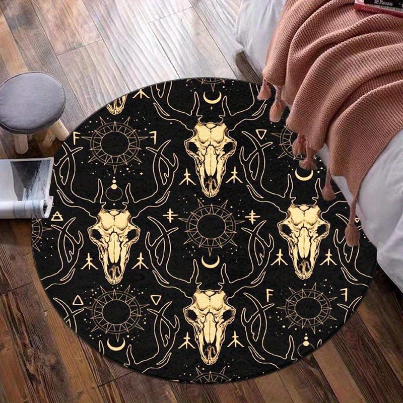 

Golden skull black background occult pattern round rug crystal velvet mysticalbedroom living room floor mat esotericdesigncarpet 60cm x 60cm