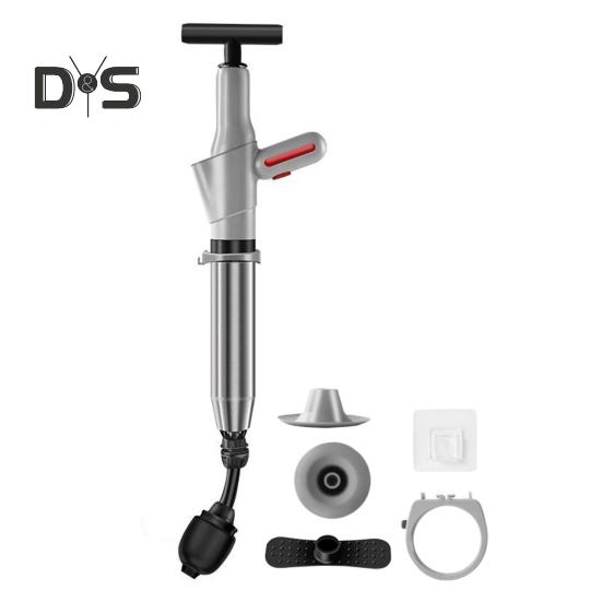 Toilet Plunger Air Pressure Indicator Stainless Steel Drain Clog Remover Tool with 4 Dredge Heads High-Pressure Air Plunger