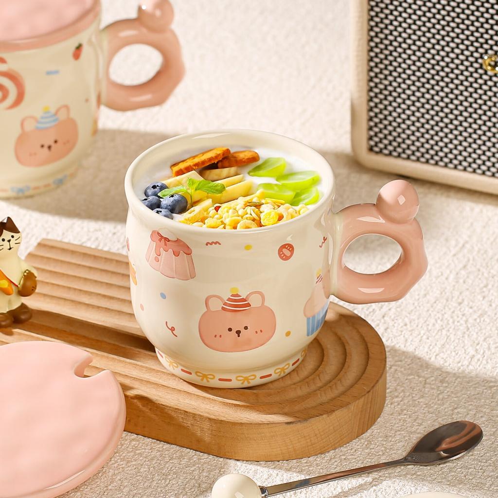 Cute Girl Heart with Cover Mug Cartoon Dessert Bear High Looking Office Ceramic Water Cup Birthday Souvenir