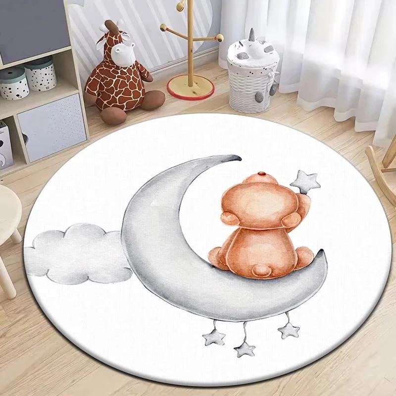 Cartoon Cute Little Bear Animals Round Carpet for Living Room Decor Kid's Bedroom Play Floor Mat Anti-Slip Camping Picnic Mats