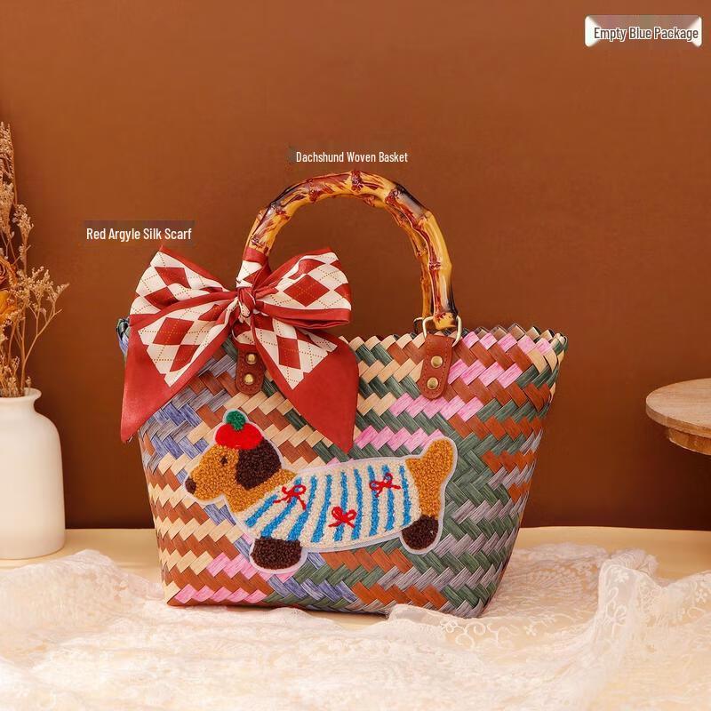 Dachshund Woven Gift Basket with Red Silk Scarves