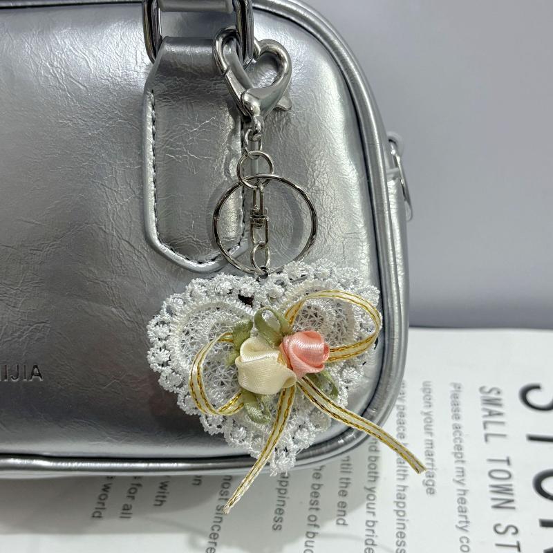 Sweet Lace Love Bow Folding Mirror Keychain Y2K Trendy Metal Keyring Car Key Holder Bag Pendant Decoration For Girl Gifts