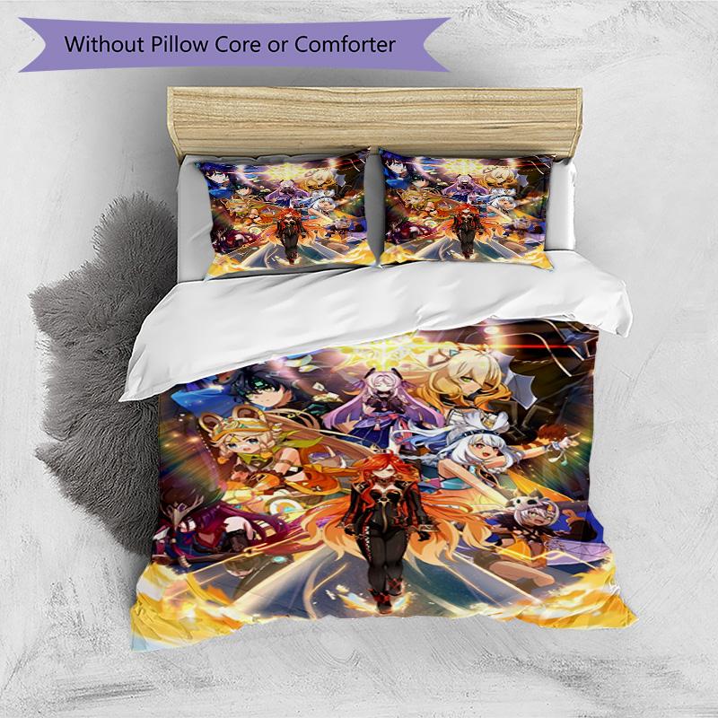 3pcs Duvet Cover Set (1*Duvet Cover + 2*Pillowcase, Without Core), Genshin Impact Print Bedding Set, Bedroom Decor, All‑Season, Birthday Gift