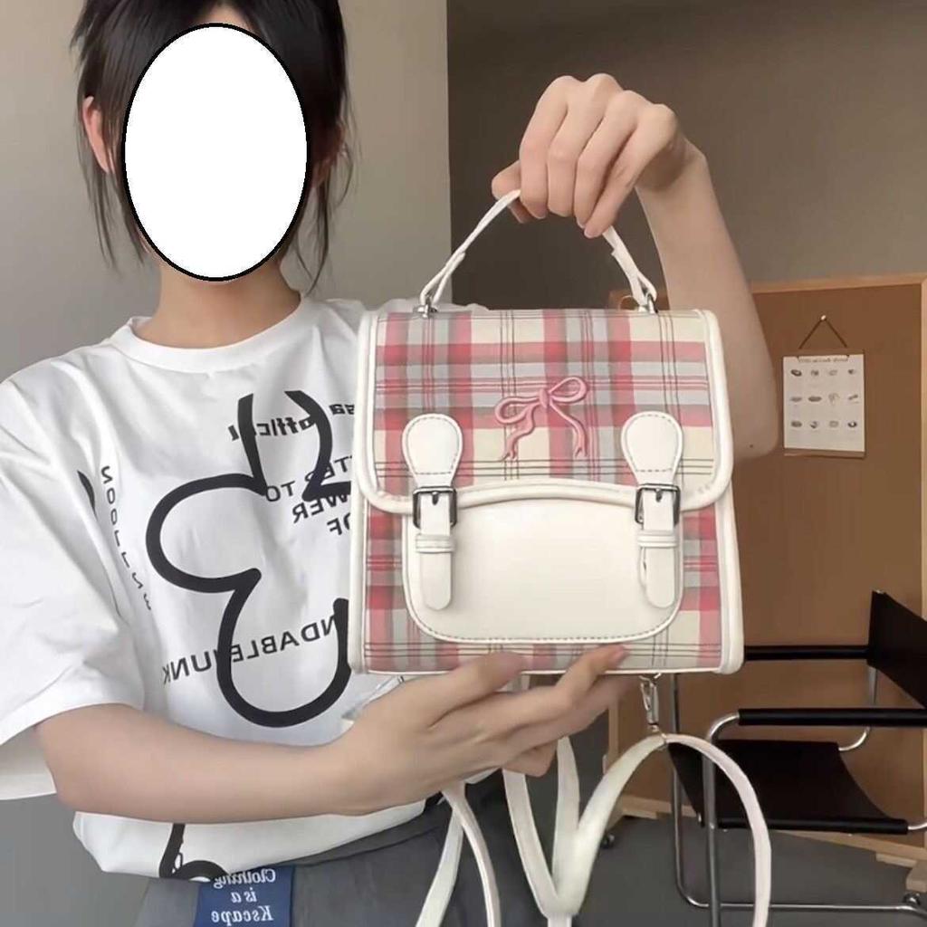 Dragon Plaid Backpack Bow Backpack Women's Cute Hand-held Shoulder Bag School Bag