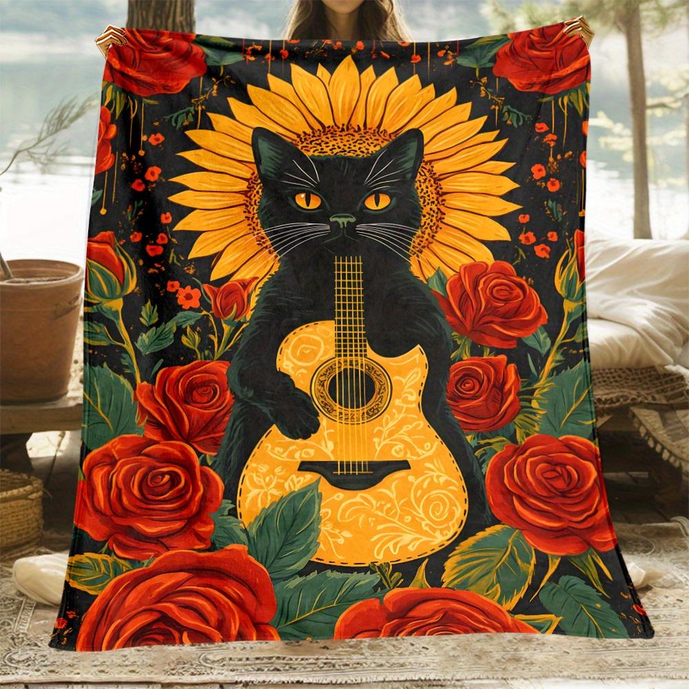 Black Cat Sunflower Guitar Art Fleece Blanket Floral Music Design Throw Blanket Gothic Style Soft Cozy Bedding Decor Flannel 75X95CM