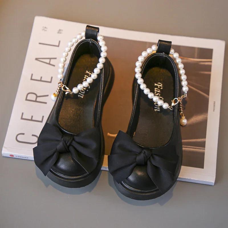 Children's Fashionable Black Leather Shoes with Pearl Chain Bow Cute Girl Mary Janes 2024 New Kids Versatile Wedding Party Shoes