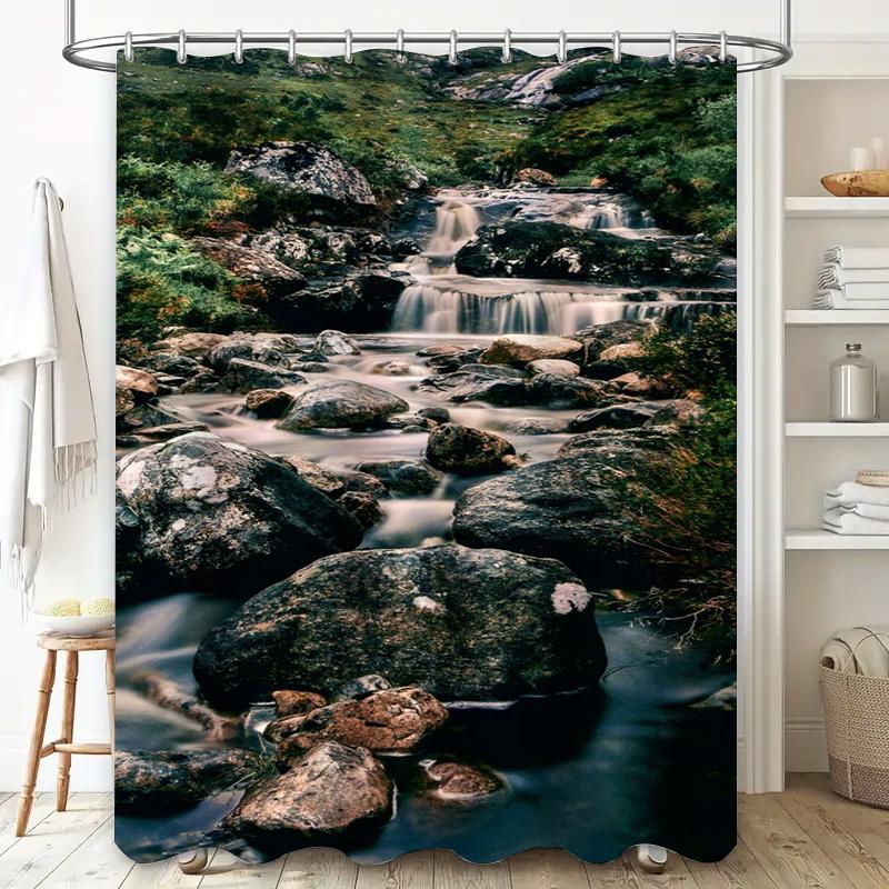 High-Quality Shower Curtain Featuring A Natural Stream Design For Bathroom Decor