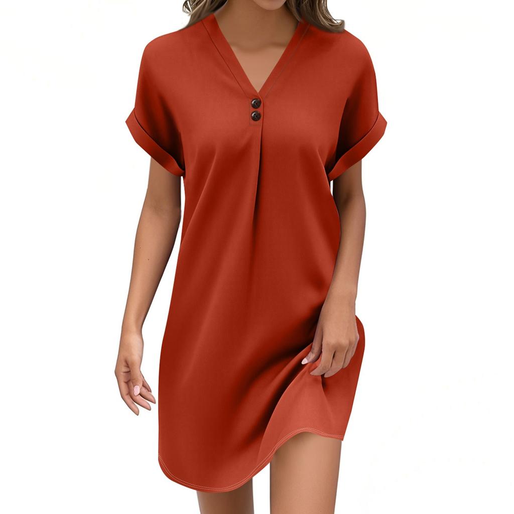 Women's Fashion V-neck Solid Color Pullover Casual Button Dress