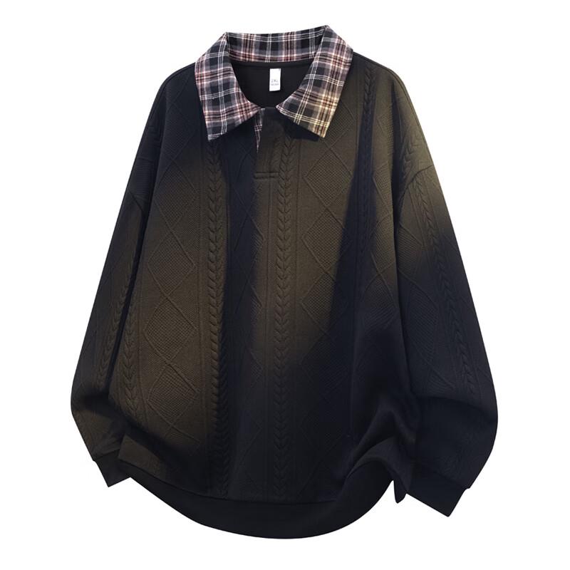 Wassup Sohot Men's American Style Color-block Lapel Fake Two-Piece Polo Sweatshirt