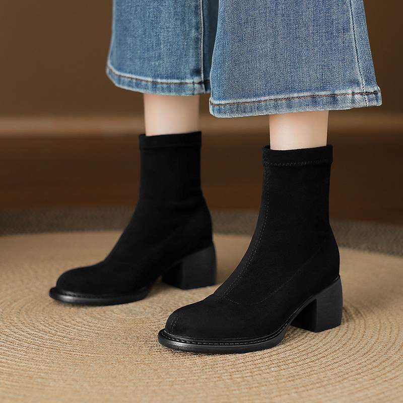 Krazing Po Flock Winter Round Toe Size 33 Western Boots Size 43 Thick High Heels Concise Style Ankle Boots