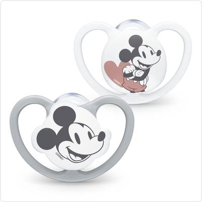 NUK Nook Space Mickey Schnuller für Babys Disney mit Desinfektionsset 2er-Set 0-6 Monate, Design, Silikon, Etui, (OCNK2185184)