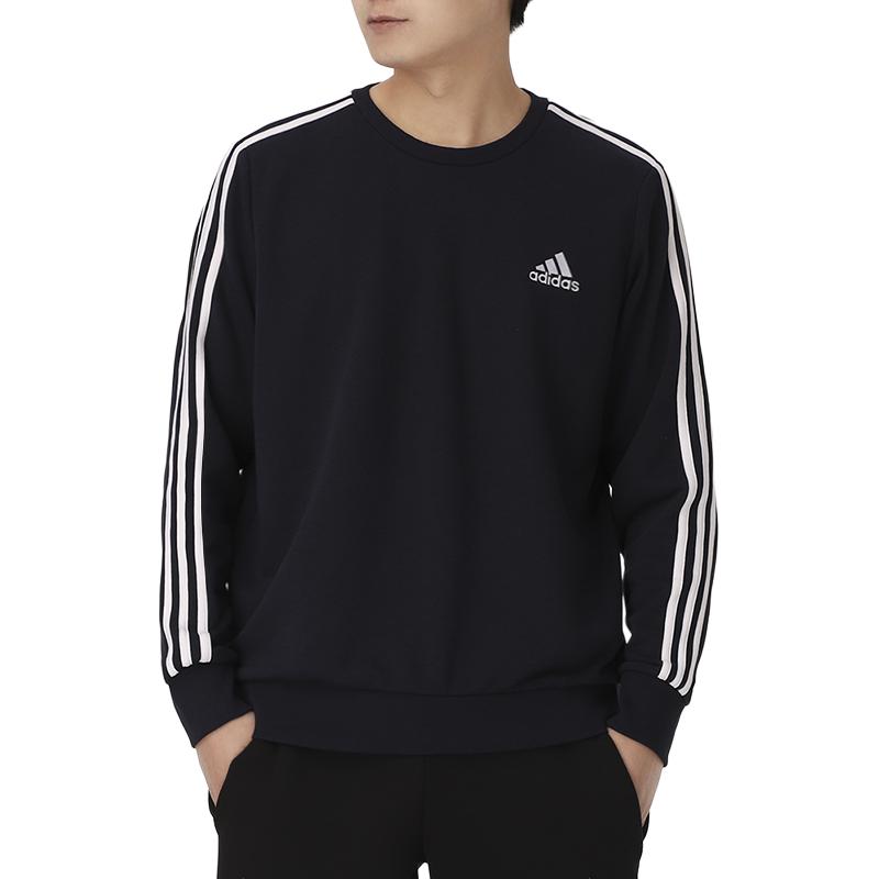 Adidas Solid Color Logo Print Three-Stripe Crewneck Sweatshirt Men Tops Navy GK9079