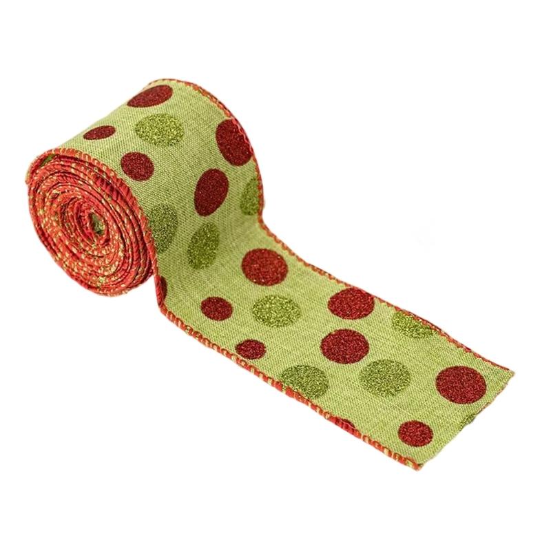 5Yards Round Dot Burlap Ribbon With Wire Edges For Christmas Tree Decorations Crafts Gift Wrapping