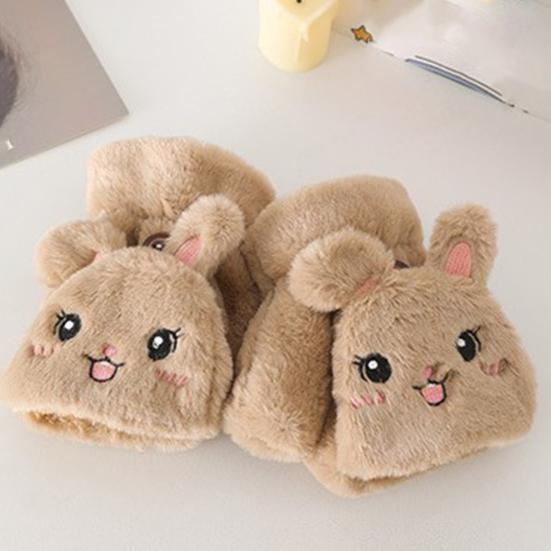 1 Pair Women Plush Rabbit Fingerless Gloves Warm Thick Winter Convertible Flip Top Cartoon Bunny Gloves Outdoor Cold Weather Half Finger Mittens