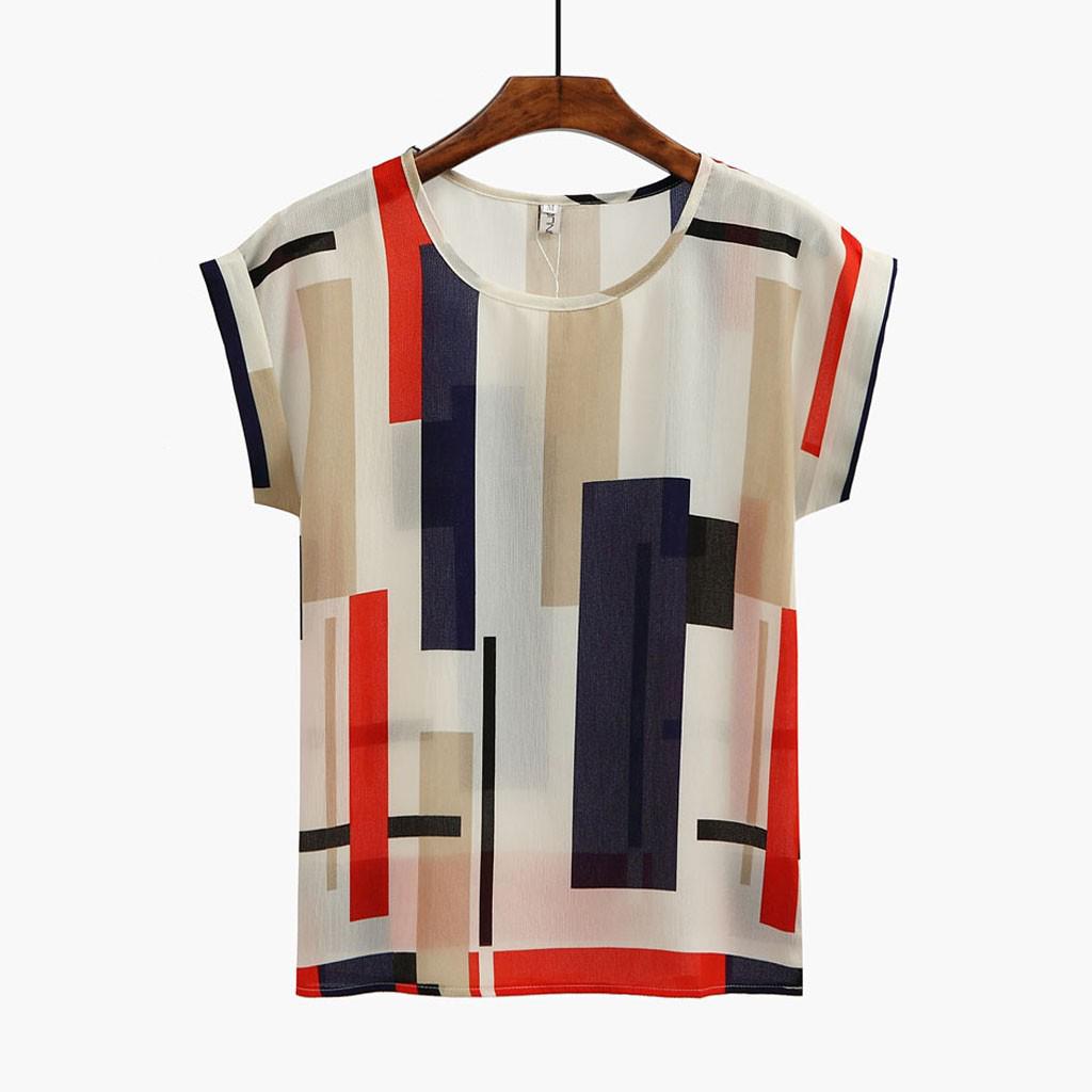 

(SU)Женская повседневная шифоновая рубашка с коротким рукавом и принтом, топы больших размеров M синий