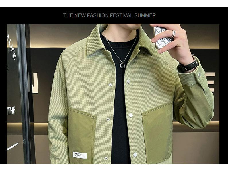 Men's Korean-Style Contrast Stitching Twill Jacket - Trendy 2023 Spring/Autumn Green Fashion.