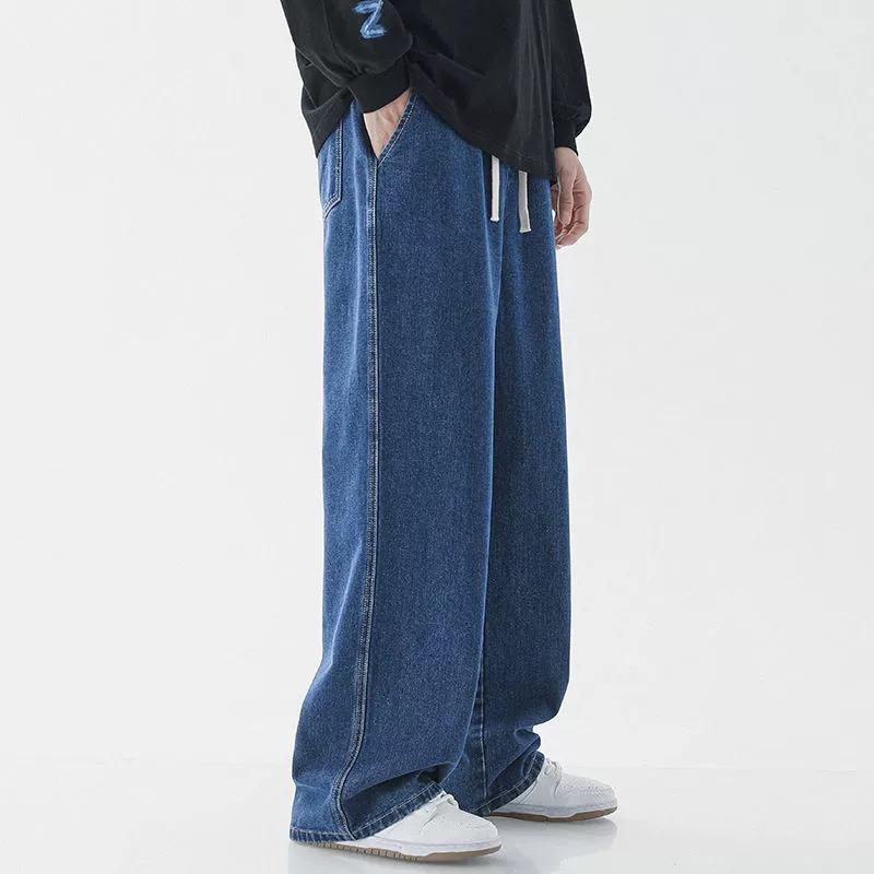 Męskie Jeansy Plus Size Jasnoniebieskie z Elastycznym Pasem - Luźne, Szerokie Nogawki, Sznurek, Długie do Ziemi, Codzienne i Wszechstronne.