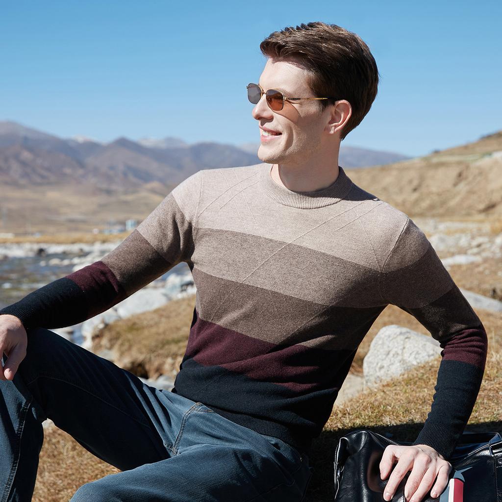 100% Sheepskin & Thick Jacquard Cross Color Striped Round Neck Woolen Sweater for Men's Autumn/Winter Warmth Sweater