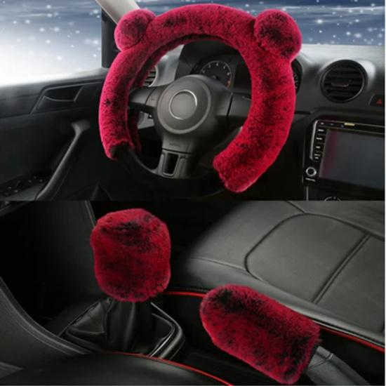 New 3Pcs Winter Plush Fur Car Steering Wheel Cover Hand Brake Handbrake Cover Gear Knob Cover Fluffy Soft Grab cute Styling