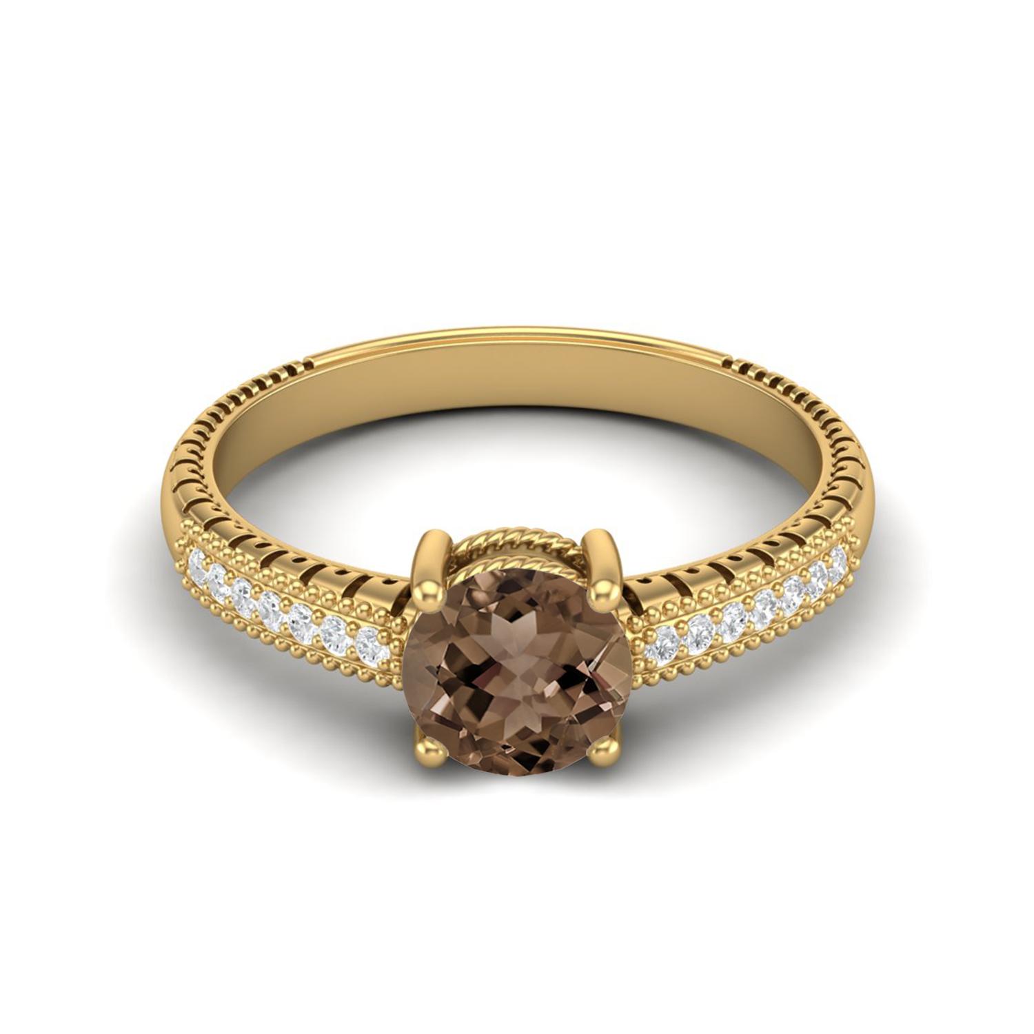 0.97 Ctw Round Smoky Quartz 925 Sterling Silver Gold Vermeil Solitaire Women Wedding Ring 7