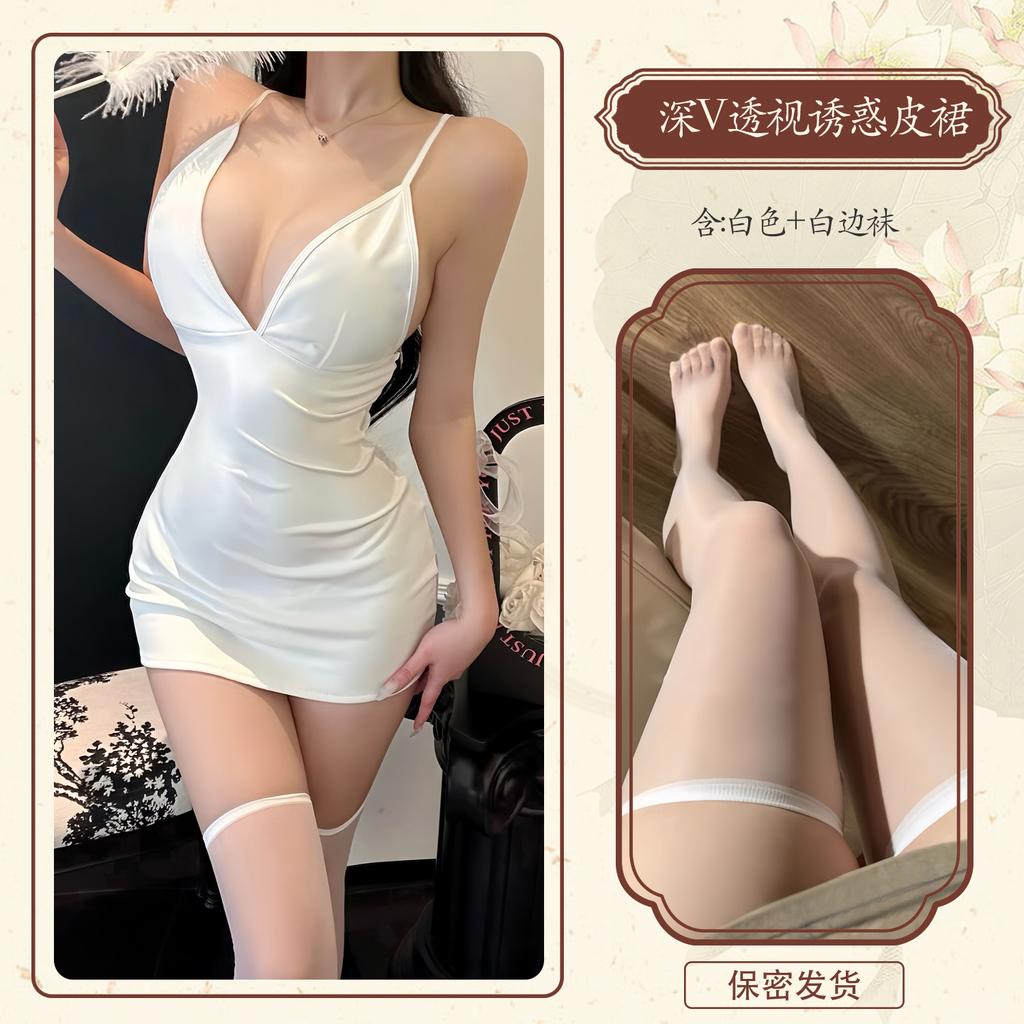 Sex underwear tight patent leather suspender skirt splicing mesh perspective hip skirt hot nightclub 9435