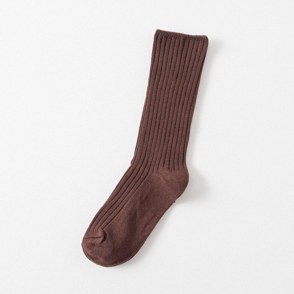 Autumn & Winter Women's Ribbed Cotton Mid-Calf Socks - Japanese Style, Solid Color, Double Needle.