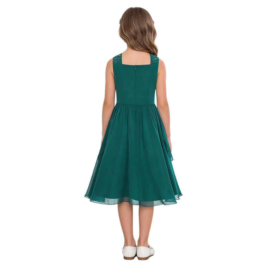 Flickklänning Enfärgad Foder V-ringning Ärmlös Veckad Klänning Glittrande Strassprydd Hög Midja A-linje Studentklänning