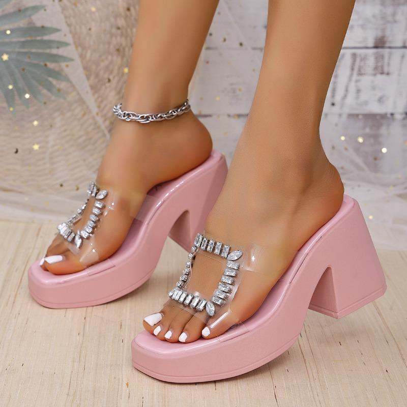 Summer New Arrival Fashion Sequined Strappy Sandals with Rhinestones Thick-Soled High-Heel Sandals Women's Outdoor Sandals
