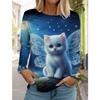 2025 Autumn and Winter Women's Long Sleeve 3D Printed Cute Cat T-Shirt, Streetwear, Round Neck Long Sleeve