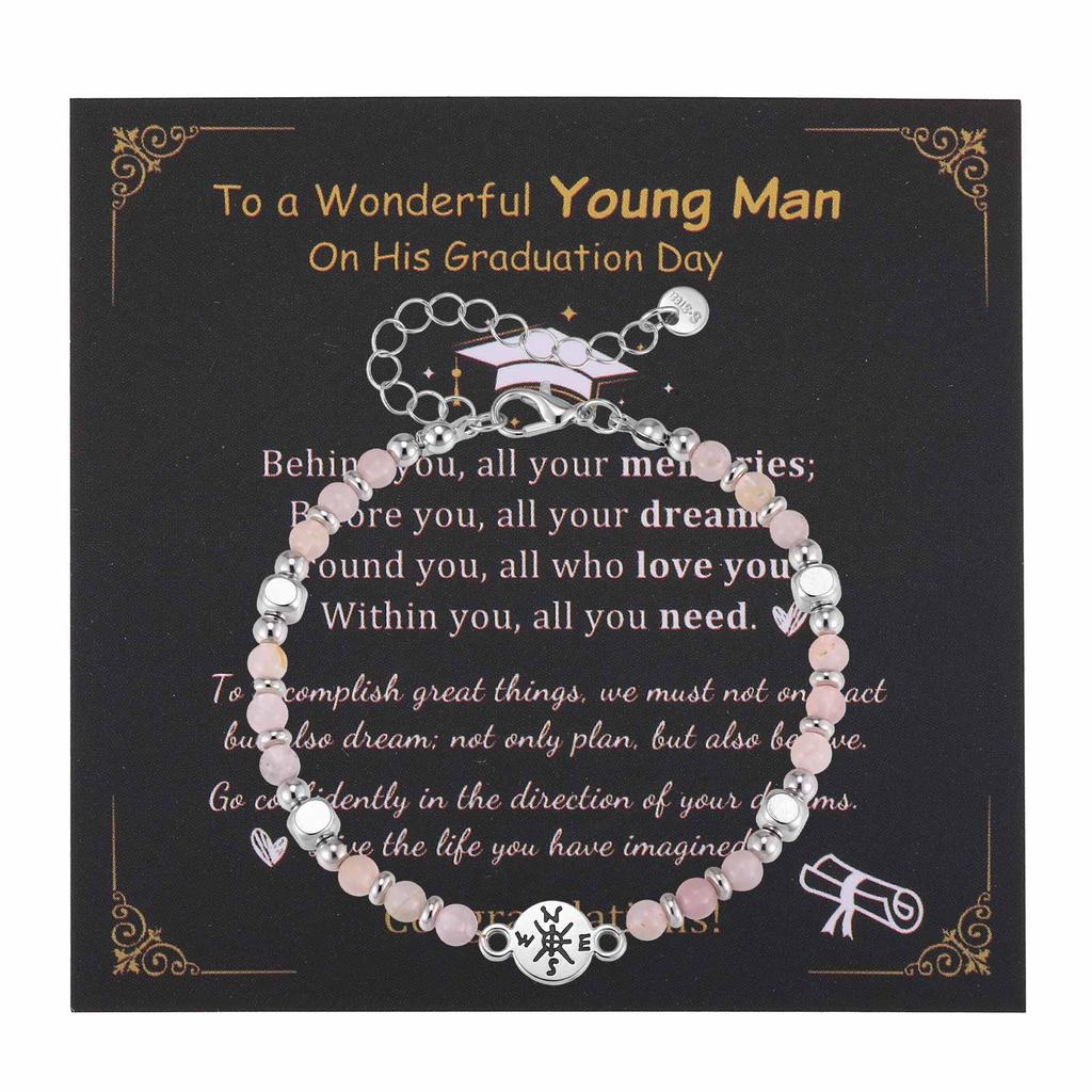 Class of 2026 Gift Compass Natural Stone Bracelet for Women Stainless Steel Beaded Healing Jewelry Waterproof Inspirational Gift