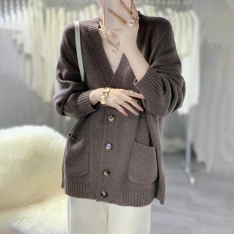 Solid Color Casual Versatile Knitted Cardigan Top Women's Autumn and Winter New V-neck Loose and Thin Sweater Jacket
