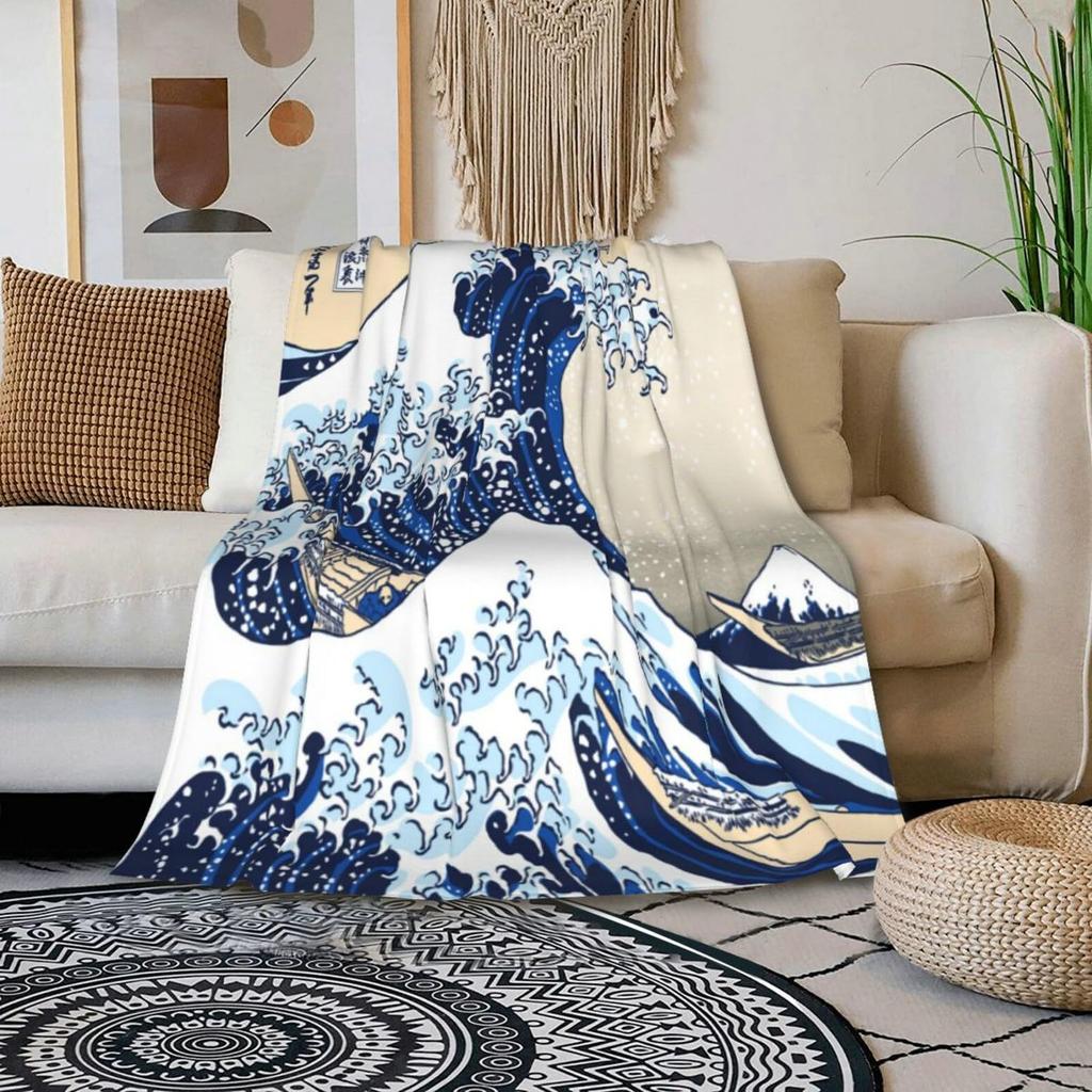 Wave-inspired Ukiyo-e paintings digital-printed polyester velvet flannel cover blanket Fleece soft sofa cover blankets for beds