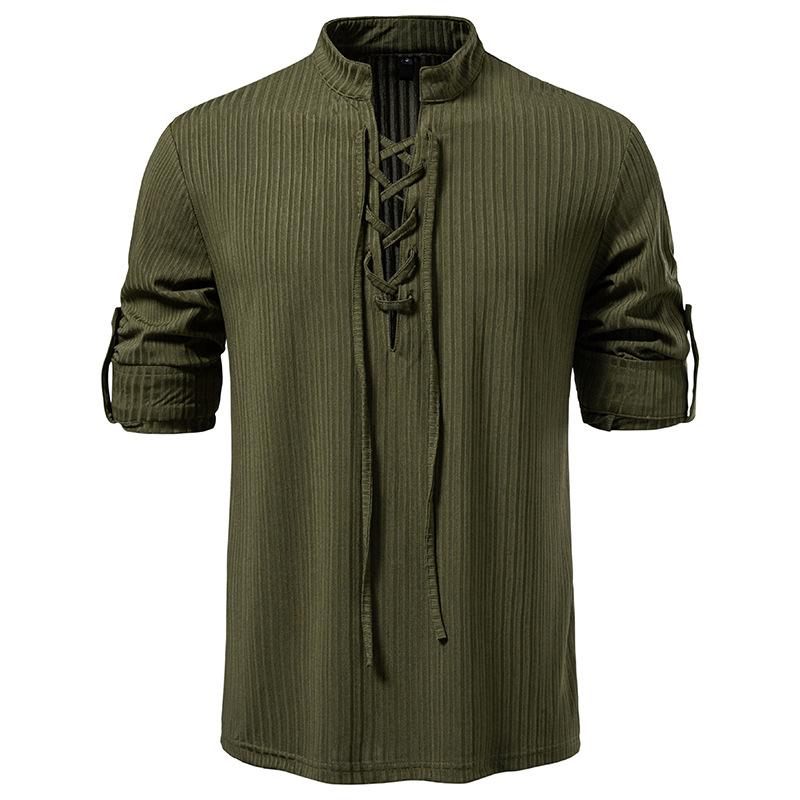 Men's Lace-Up Stand Collar Striped Shirt Long Sleeve Casual Top for Men Spring Autumn Fashion Multi-Color Textured Male Blouse