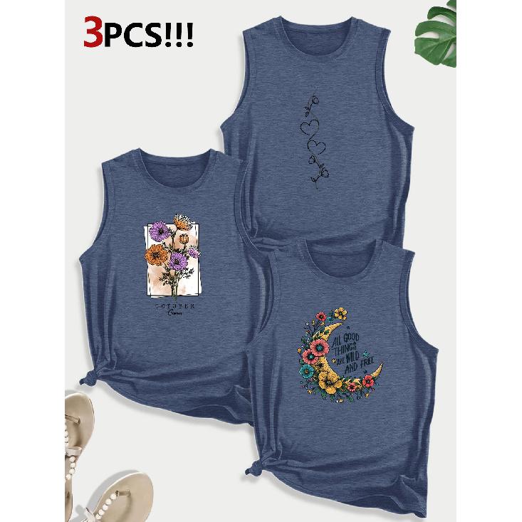 Sunflower Moon Floral Combination Gift Print Pattern Round Neck3Pack of Sleeveless Vests for Women In Spring, Summer, and Autumn