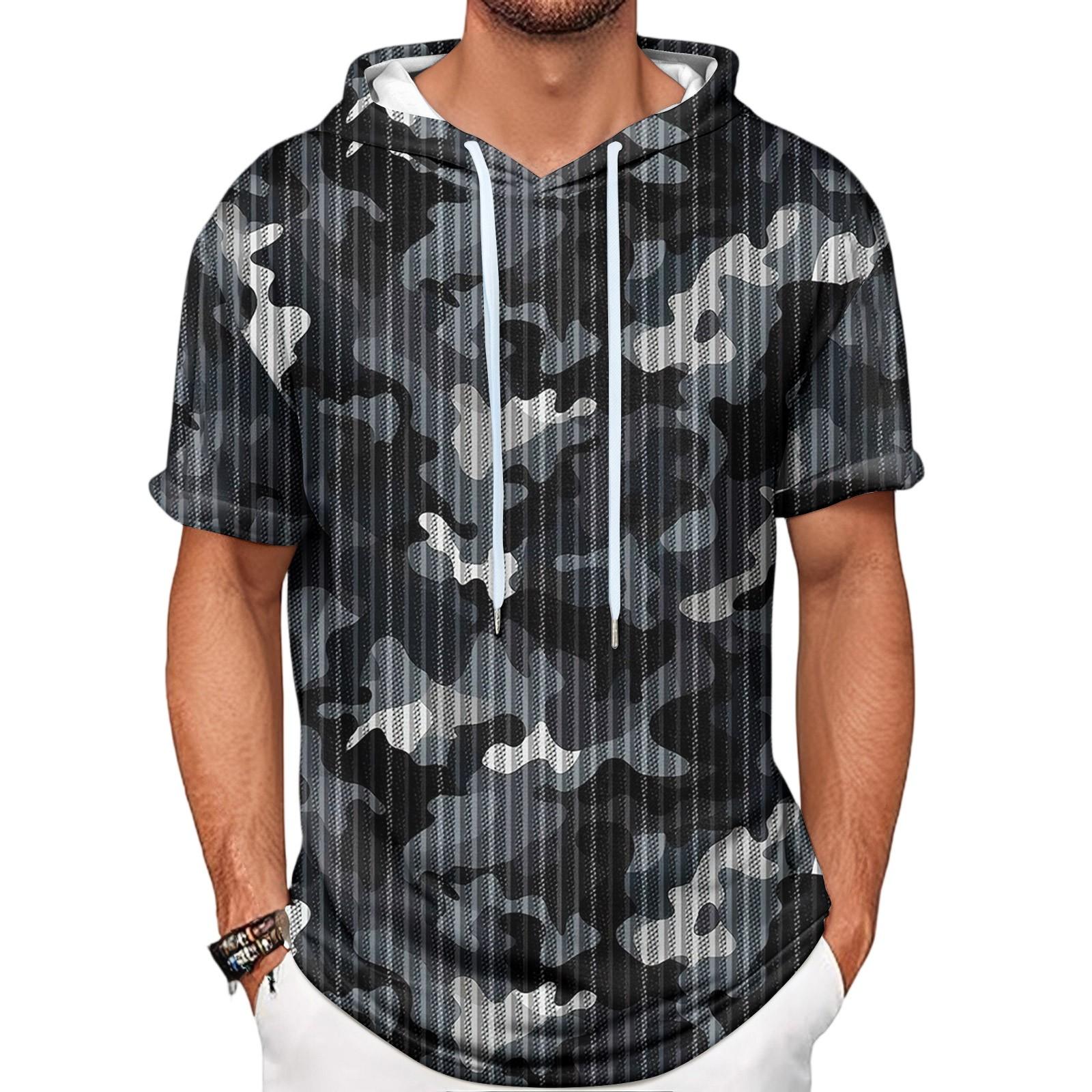 

Gradient Print Men s Shirt Hooded Short-sleeved Hooded Spring And Summer Casual Daily Wear XL