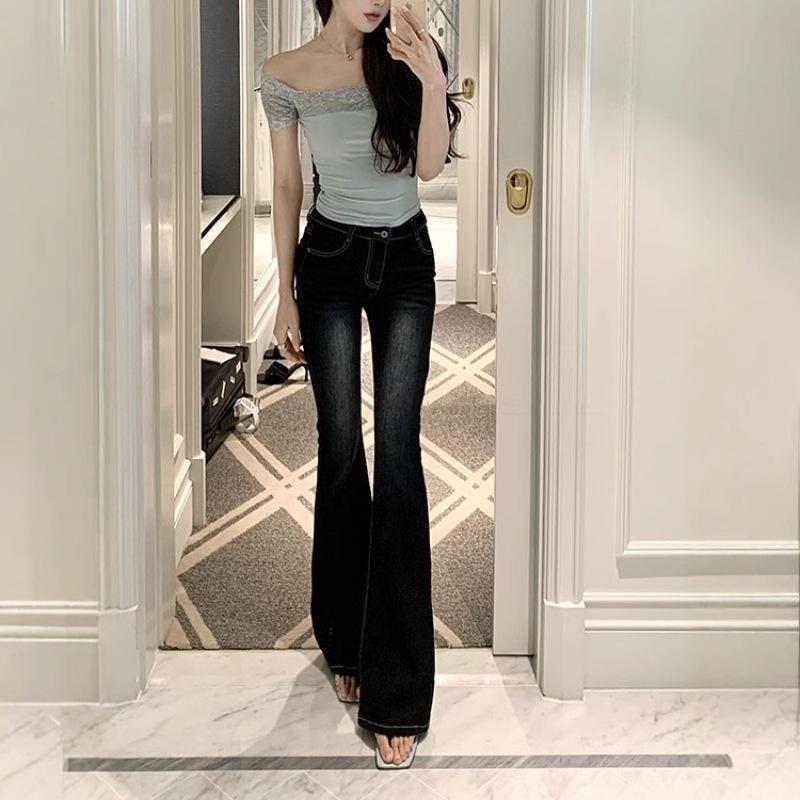 

Dark Blue Retro High Waist Flare Jeans for Petite Women - Slimming, Textured, Perfect for Autumn and Spring S глибокий/синій
