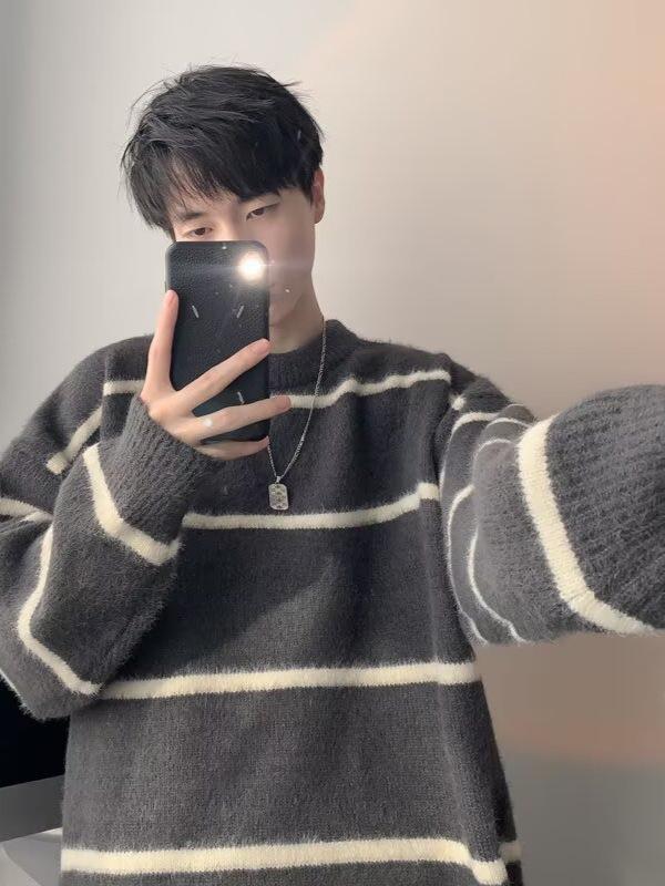 Herbst-/Winter-Herren-Strickjacke mit Streifen, lässiger Stil, koreanischer Stil, Stehkragen, vielseitig für Paare.