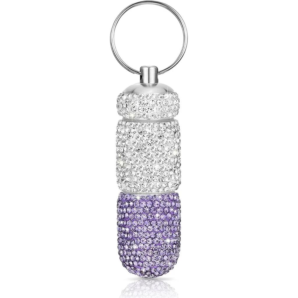 Bling Keychain Pill Box 2 Compartments Small Travel Pill Case Organizer Crystal Diamond Medicine Bottle Pill Bottle Keychain