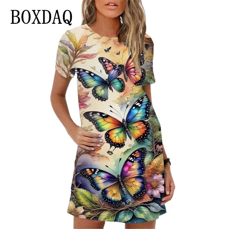 Elegant Butterfly Print Party Dress For Women Short Sleeve O-Neck Loose Casual A-Line Dress New  Spring Summer Ladies Dress