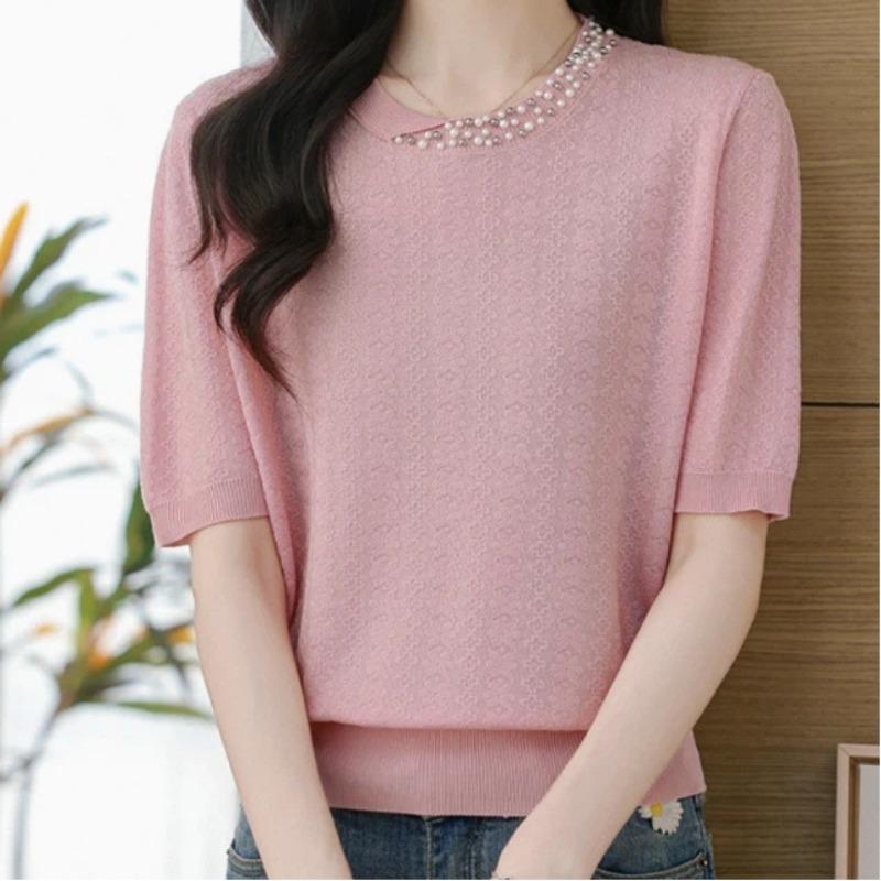 Women Heavy Beaded Neckline Jacquard Knit Short Sleeve T Shirt New Fashion Summer Casual Elegant