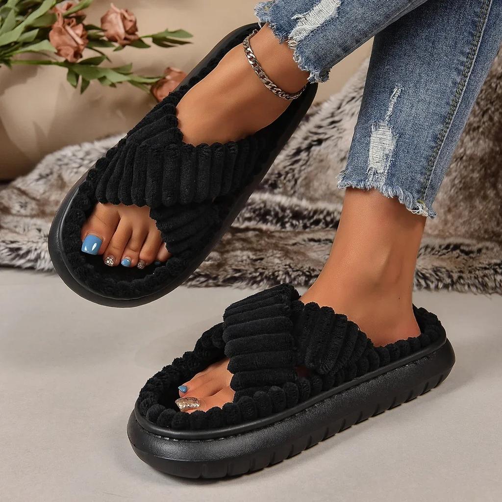 Fashion Autumn Winter Corduroy Home Slippers Women Cross Band Thick Soft Sole Slides Platform Shoes Female Non Slip Indoor Slippers
