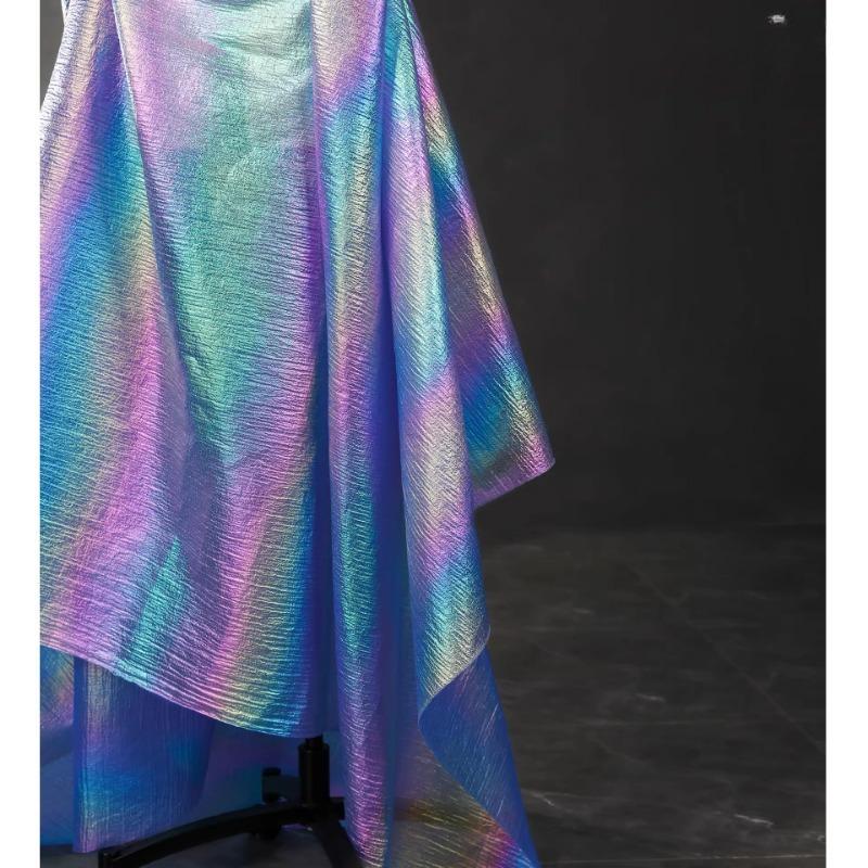 Laser Gradient Pearl Net Chiffon Fabric with Iridescent Crinkle Sheen for Stage Gown DIY Luxury Haute Designer Fabric